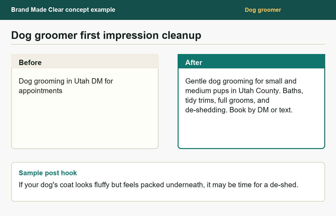 Concept example showing a dog groomer bio before and after the First Look Fix